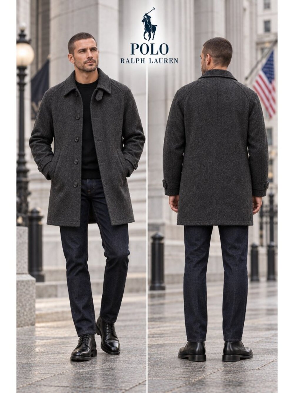 Polo Ralph Lauren Men’s L Charcoal Wool Blend Quilted Winter Coat